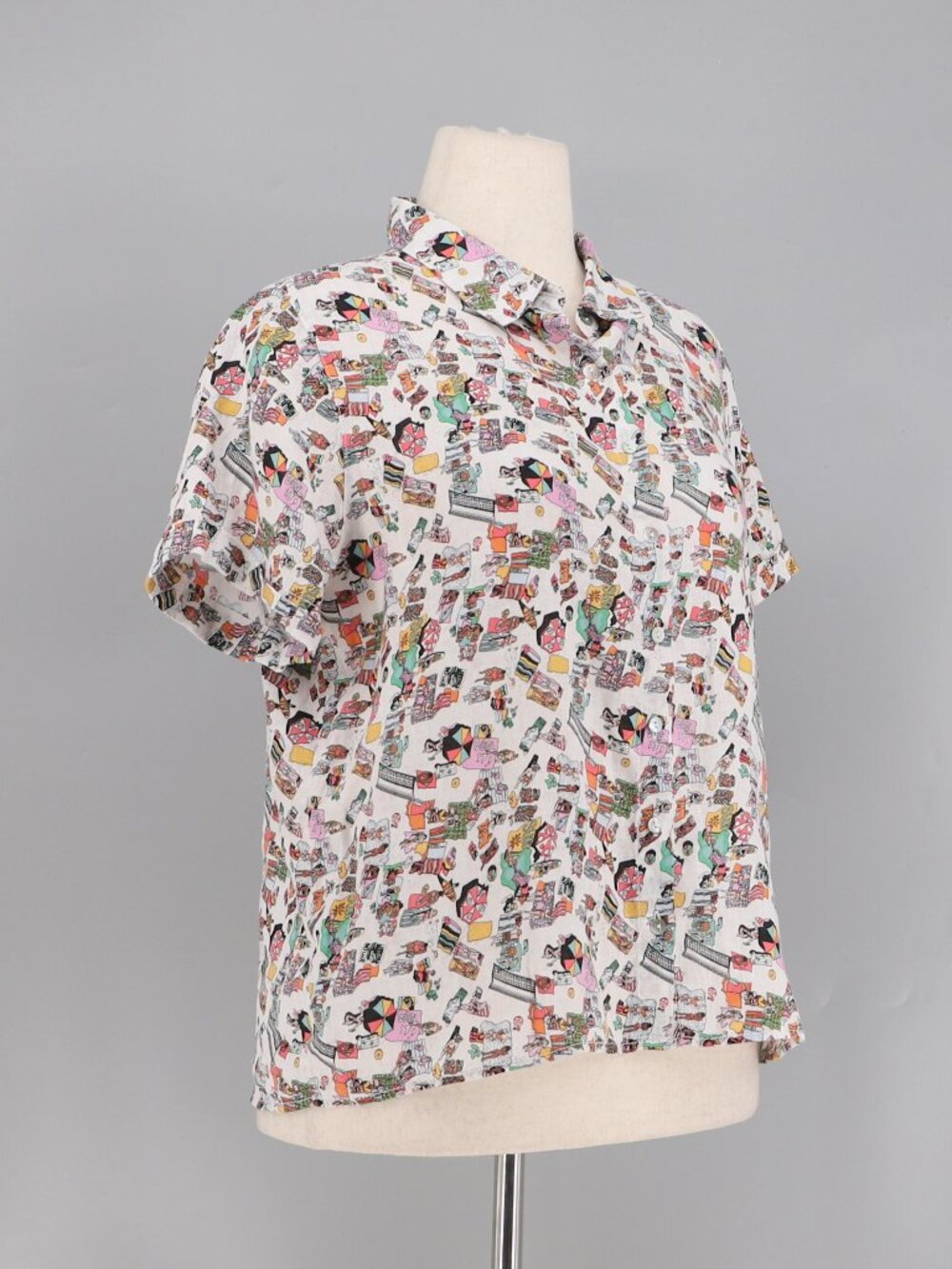 NICOLE MILLER Novelty Beach Scene Short Sleeve Linen Shirt Size L - Picture 2 of 7